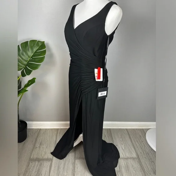 NWT Ieena for Mac Duggal Black Faux Wrap Sleeveless V Neck Gown Style #26531 - Picture 6 of 12